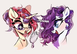 Size: 2048x1448 | Tagged: safe, artist:shore2020, character:moondancer, character:rarity, species:pony, species:unicorn, g4, alternate hairstyle, bust, makeover, mirror, short hair, simple background, sparkles, white background
