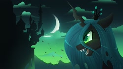 Size: 2048x1152 | Tagged: safe, artist:_karzii, character:queen chrysalis, species:changeling, g4, bust, canterlot, changeling swarm, invasion, moon, night, waxing moon