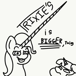 Size: 978x978 | Tagged: source needed, safe, anonymous artist, character:trixie, character:twilight sparkle, species:pony, species:unicorn, g4, artist doesn't want to admit to making it, long horn, smug, text