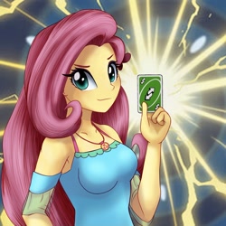 Size: 1598x1599 | Tagged: safe, artist:astevenamedwolf, character:fluttershy, species:eqg human, g4, my little pony:equestria girls, abstract background, clothing, looking at you, reverse card, smirk, solo, three quarter view, uno