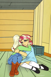 Size: 1024x1536 | Tagged: safe, artist:incendiaryboobs, character:applejack, character:sunset shimmer, species:eqg human, fanfic:looking glass, series:who we become, g4, my little pony:equestria girls, hug, younger