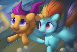 Size: 1280x865 | Tagged: safe, artist:auroriia, character:rainbow dash, character:scootaloo, species:pegasus, species:pony, g4, cloud, cutealoo, duo, flying, happy, holding a pony, looking up, open mouth, rainbow, scootalove, windswept mane