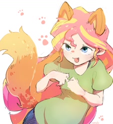 Size: 1148x1266 | Tagged: safe, artist:nendo, character:sunset shimmer, species:human, g4, cat ears, catgirl, fangs, humanized, simple background, solo, species:catgirl, t-shirt, tail