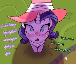 Size: 2048x1733 | Tagged: safe, artist:jafsheep, character:rarity, character:spike, species:pony, species:unicorn, comic:reunion, ship:sparity, g4, clothing, hat, offscreen character, out of context, shadow, text