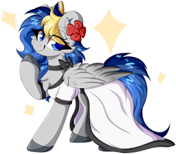 Size: 1280x1120 | Tagged: safe, artist:woonborg, oc, oc only, oc:bluecode, species:pegasus, species:pony, g4, abstract background, cheek fluff, chest fluff, clothing, dress, eye clipping through hair, eyebrows, eyebrows visible through hair, female, flower, looking at you, mare, simple background, smiling, solo, sparkles, transparent background, wing fluff