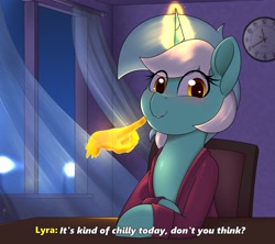 Size: 4096x3631 | Tagged: safe, artist:felixf, character:lyra heartstrings, species:pony, species:unicorn, g4, clothing, dialogue, eye clipping through hair, female, filly, hand, looking at you, magic, magic aura, magic hands, night, sitting, smiling, smiling at you, solo, talking to viewer
