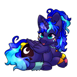 Size: 1280x1280 | Tagged: safe, artist:vexcity, character:princess luna, species:alicorn, species:pony, g4, 80s princess luna, blep, cute, female, head turn, lunabetes, lying down, mare, prone, simple background, smiling, solo, tongue out, transparent background