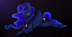 Size: 3603x1863 | Tagged: safe, artist:miokomata, character:princess luna, species:alicorn, species:pony, g4, black background, lying down, simple background, solo