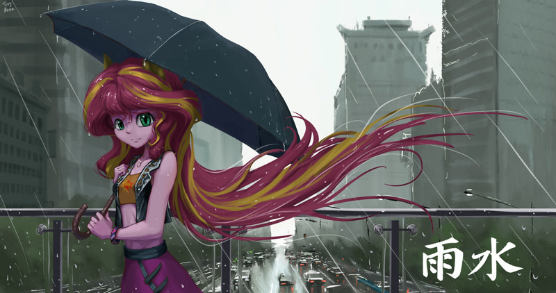 Size: 1280x675 | Tagged: safe, artist:tinybenz, manebooru spotlight, character:sunset shimmer, species:human, g4, my little pony:equestria girls, chinese, city, female, human coloration, long hair, looking at you, rain, solo, umbrella, windswept hair