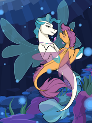 Size: 2048x2732 | Tagged: safe, artist:pitterpaint, character:scootaloo, character:terramar, species:pegasus, species:pony, species:seapony (g4), ship:terraloo, g4, blue eyes, blushing, bubble, clothing, coral, crepuscular rays, dorsal fin, female, fin wings, fins, fish tail, flowing tail, jewelry, lidded eyes, looking at each other, male, necklace, purple eyes, seaponified, seapony scootaloo, seaquestria, seaweed, see-through, shipping, signature, smiling, species swap, straight, swimming, tail, underwater, water, wings