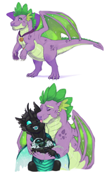 Size: 1280x2109 | Tagged: safe, artist:lopoddity, character:spike, character:thorax, oc, oc:smokescreen, parent:spike, parent:thorax, parents:thoraxspike, species:changeling, species:dragon, pandoraverse, ship:thoraxspike, g4, gay, interspecies, interspecies offspring, next generation, offspring, shipping