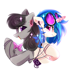 Size: 600x600 | Tagged: safe, artist:mirtash, character:dj pon-3, character:octavia melody, character:vinyl scratch, species:earth pony, species:pony, species:unicorn, ship:scratchtavia, g4, blushing, bow tie, bust, chest fluff, cute, ear fluff, female, glowing horn, headphones, heart eyes, horn, lesbian, looking at each other, magic, profile, sharing headphones, shipping, simple background, sparkles, sunglasses, telekinesis, vinyl's glasses, white background, wingding eyes