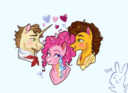 Size: 2748x1990 | Tagged: safe, artist:bunnari, character:cheese sandwich, character:donut joe, character:pinkie pie, species:earth pony, species:pony, species:unicorn, ship:cheesejoe, ship:cheesepie, ship:pinkiejoe, g4, bisexual, gay, polyamory, shipping, straight, trio