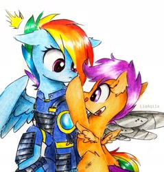 Size: 2350x2455 | Tagged: safe, artist:liaaqila, character:rainbow dash, character:scootaloo, species:pegasus, species:pony, g4, apocalypse dash, armor, bandage, boop, clothing, crystal war timeline