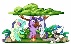 Size: 4096x2552 | Tagged: safe, artist:chub-wub, character:bon bon, character:dj pon-3, character:lyra heartstrings, character:octavia melody, character:rarity, character:twilight sparkle, character:twilight sparkle (alicorn), character:vinyl scratch, species:alicorn, species:earth pony, species:pony, species:unicorn, ship:lyrabon, ship:rarilight, ship:scratchtavia, g4, campfire, cute, fire, food, log, marshmallow, shipping, shishkebab, smores, sunglasses, tree