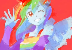Size: 2048x1431 | Tagged: safe, artist:bonoramo, character:rainbow dash, species:eqg human, g4, bust, ponied up, simple background, smiling, solo, waving, wink