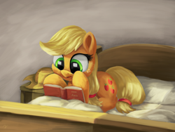 Size: 4000x3000 | Tagged: safe, artist:flusanix, character:applejack, species:earth pony, species:pony, g4, applejack's hat, bed, book, lying down, prone, reading, solo