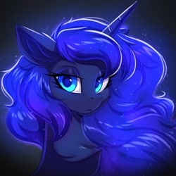 Size: 4000x4000 | Tagged: safe, artist:ask-colorsound, character:princess luna, species:alicorn, species:pony, g4, absurd resolution, black background, bust, chest fluff, colored pupils, ear fluff, flowing mane, lidded eyes, looking at you, portrait, simple background, solo