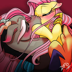 Size: 1600x1608 | Tagged: safe, artist:dragonfox_girl, character:discord, character:fluttershy, species:draconequus, species:pegasus, species:pony, ship:discoshy, g4, deviantart watermark, interspecies, kissing, shipping, straight