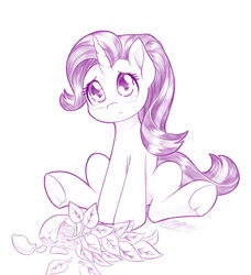 Size: 1280x1404 | Tagged: safe, artist:dstears, character:phyllis, character:starlight glimmer, species:pony, species:unicorn, g4, broken, monochrome, philodendron, pot, potted plant, sad, simple background, soil, solo, white background