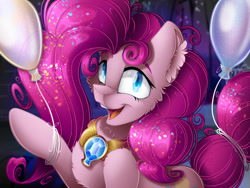 Size: 1024x768 | Tagged: safe, artist:mychelle, part of a set, character:pinkie pie, species:earth pony, species:pony, g4, balloon, beautiful, cheek fluff, chest fluff, confetti, confetti in mane, ear fluff, looking at you, smiling, solo, sparkly mane
