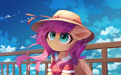 Size: 1920x1197 | Tagged: safe, artist:emeraldgalaxy, character:fluttershy, species:pegasus, species:pony, g4, bust, clothing, hat, shyabetes, sitting, sky, solo, sun hat, wind