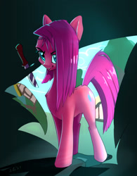 Size: 2344x3000 | Tagged: safe, artist:xbi, character:pinkamena diane pie, character:pinkie pie, species:earth pony, species:pony, g4, breaking the fourth wall, knife, solo, straight hair