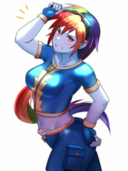 Size: 800x1067 | Tagged: safe, artist:tzc, character:rainbow dash, species:eqg human, g4, gloves, goggles, midriff, simple background, solo, white background, wondercolts uniform