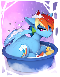 Size: 800x1023 | Tagged: safe, artist:yakovlev-vad, character:rainbow dash, species:pegasus, species:pony, g4, annoyed, bath, bubble, female, foam, pail, rubber duck, simple background, solo