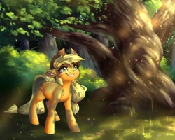 Size: 4096x3277 | Tagged: safe, artist:faline-art, character:applejack, species:earth pony, species:pony, g4, dappled sunlight, forest, looking up, smiling, solo, sunlight, tree