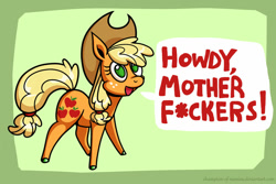 Size: 1280x854 | Tagged: safe, alternate version, artist:champion-of-namira, character:applejack, species:earth pony, species:pony, g4, dialogue, simple background, solo, speech bubble, text, vulgar