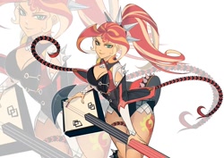 Size: 990x699 | Tagged: safe, artist:bakki, character:sunset shimmer, species:eqg human, g4, crossover, genshin impact, guitar, ponytail, simple background, solo