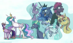 Size: 1280x770 | Tagged: safe, artist:inuhoshi-to-darkpen, character:gaius, character:potion nova, character:princess celestia, character:princess luna, character:radiant hope, character:sunset shimmer, character:tempest shadow, character:twilight sparkle, character:twilight sparkle (alicorn), oc, oc:princess cosmic prism, species:alicorn, species:crystal pony, species:dragon, species:pony, species:unicorn, g4, alternate universe, group, my little pony: years later