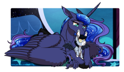 Size: 1024x598 | Tagged: safe, artist:inuhoshi-to-darkpen, character:princess luna, oc, oc:stella, parent:princess luna, species:alicorn, species:bat pony, species:pony, next gen:years later, g4, adopted offspring, blind, crying, duo, mother and daughter, offspring, sad