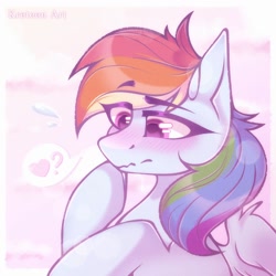 Size: 1500x1500 | Tagged: safe, artist:kreteen art, character:rainbow dash, species:pegasus, species:pony, g4, blushing, bust, dialogue, embarrassed, flustered, heart, hoof on cheek, simple background, solo, speech bubble, text
