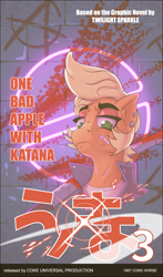 Size: 1522x2594 | Tagged: safe, artist:cocaine, character:applejack, species:earth pony, species:pony, g4, 80s, anime, applejack superstar, blood, katana, movie poster, neon, piercing, pompadour, poster, redesign, sideburns, sword, text, weapon