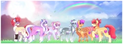 Size: 4096x1477 | Tagged: safe, artist:aaa-its-spook, character:apple bloom, character:diamond tiara, character:scootaloo, character:silver spoon, character:sweetie belle, character:twist, species:earth pony, species:pegasus, species:pony, species:unicorn, g4, alternate design, cutie mark crusaders, older apple bloom, older diamond tiara, older scootaloo, older silver spoon, older sweetie belle, older twist