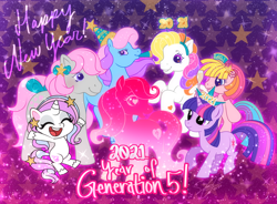 Size: 1000x737 | Tagged: safe, artist:conphettey, character:potion nova, character:snuzzle (g1), character:sunny daze (g3), character:toola roola (g3), character:twilight sparkle, character:twilight sparkle (unicorn), species:earth pony, species:pony, species:unicorn, episode:meet potion nova!, g1, g2, g3, g3.5, g4, g4.5, my little pony: pony life, my little pony:pony life, 2021, chibi, color porn, eyestrain warning, happy new year, happy new year 2021, i can't believe it's not hasbro studios, ivy (g2), new year
