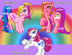 Size: 1105x850 | Tagged: safe, artist:bast-incarnation, character:rainbow flash (g3), character:toola roola (g3), species:earth pony, species:pony, g3, blossomforth (g3), female, trio