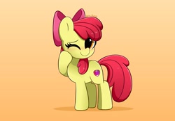 Size: 4096x2845 | Tagged: safe, artist:kittyrosie, character:apple bloom, species:earth pony, species:pony, g4, adorabloom, blushing, cute, female, filly, hoof on cheek, one eye closed, orange background, signature, solo, three quarter view, wink