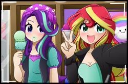 Size: 4096x2697 | Tagged: safe, artist:kittyrosie, character:starlight glimmer, character:sunset shimmer, species:eqg human, g4, ice cream, peace sign, selfie