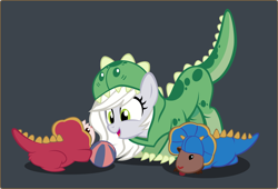 Size: 2500x1699 | Tagged: safe, artist:magerblutooth, oc, oc:fossil fluster, species:earth pony, species:pony, g4, ball, dinosaur costume, guinea pig, kigurumi, pets, simple background