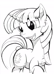 Size: 3429x4710 | Tagged: safe, artist:itchystomach, character:twilight sparkle, character:twilight sparkle (unicorn), species:pony, species:unicorn, g4, black and white, grayscale, happy, lineart, monochrome, sharpie, simple background, solo, traditional art, white background