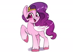 Size: 2657x1909 | Tagged: safe, artist:techycutie, character:pipp petals, species:pegasus, species:pony, g5, adorapipp, circlet, cute, feathered wings, folded wings, happy, high res, one hoof raised, open mouth, pipp wings, raised hoof, simple background, solo, unshorn fetlocks, white background, white wings