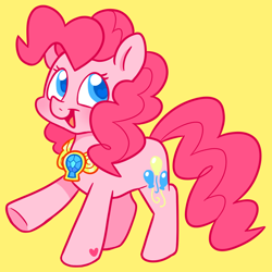 Size: 700x700 | Tagged: safe, artist:raystarkitty, character:pinkie pie, species:earth pony, species:pony, g4, element of laughter, eyestrain warning, jewelry, open mouth, pendant, raised hoof, simple background, smiling, solo
