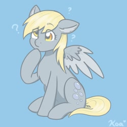 Size: 2500x2500 | Tagged: safe, artist:koapony, character:derpy hooves, species:pegasus, species:pony, g4, colored wings, confused, hoof on chin, raised hoof, sitting, spread wings, wings
