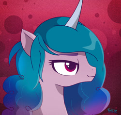 Size: 1280x1213 | Tagged: safe, artist:felux32, character:izzy moonbow, species:pony, species:unicorn, g5, bust, gradient hair, horn pattern, simple background, solo