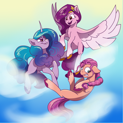 Size: 978x978 | Tagged: safe, artist:mushroomdoggo, character:izzy moonbow, character:pipp petals, character:sunny starscout, species:earth pony, species:pegasus, species:pony, species:unicorn, g5, cloud, flying, gradient hair, horn pattern, pipp wings, worried