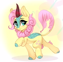 Size: 2696x2660 | Tagged: safe, artist:taneysha, character:fluttershy, species:kirin, g4, looking at you, raised hoof, simple background, species swap