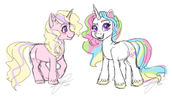 Size: 1280x772 | Tagged: safe, artist:conphettey, oc, oc only, species:pony, species:unicorn, g5, cute, duo, simple background, white background